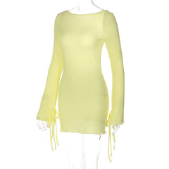 Long sleeve backless self tie mini dress