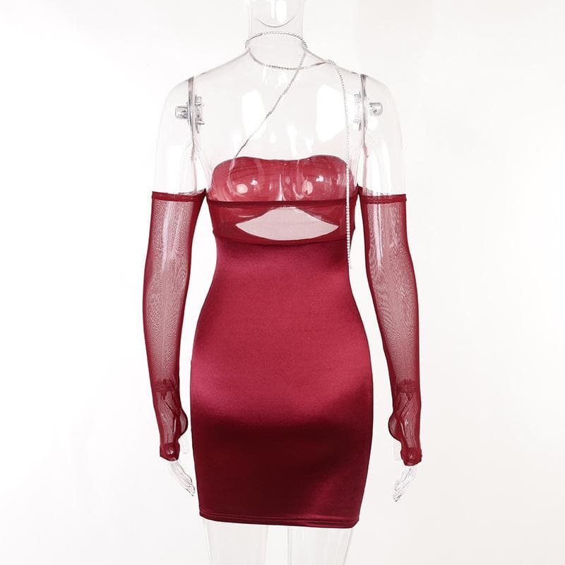 Mesh gloves solid halter ruched hollow out off shoulder cut out mini dress