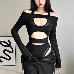 Hollow out solid long sleeve off shoulder mesh bodysuit