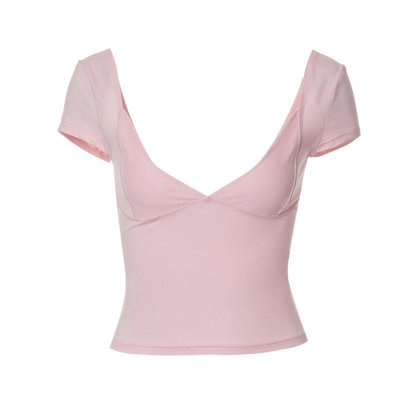 Low cut cap sleeve solid backless v neck top