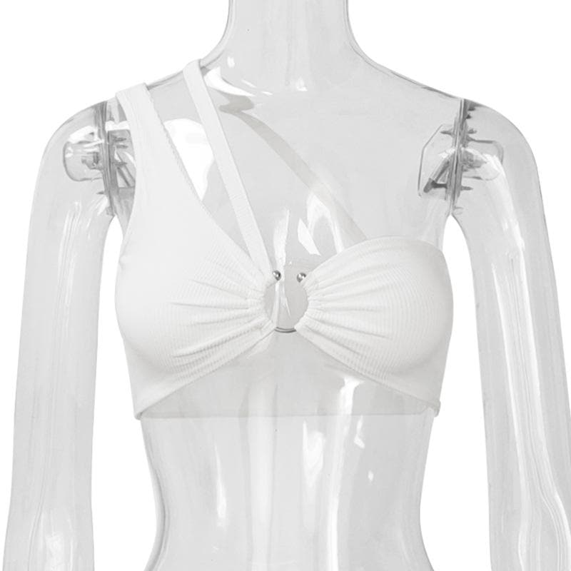 Hollow out o ring one shoulder backless ruched ribbed crop cut out top