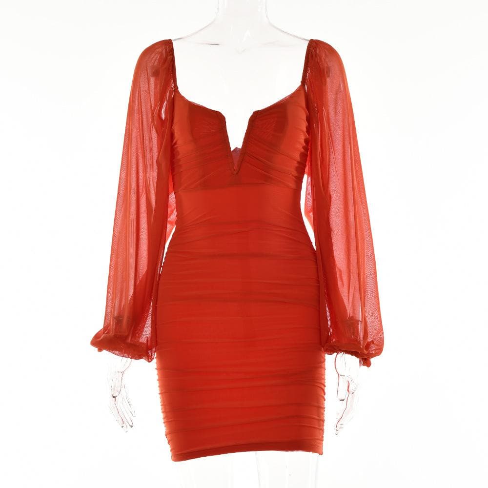 Mesh solid long sleeve ruched notch neck zip-up mini dress