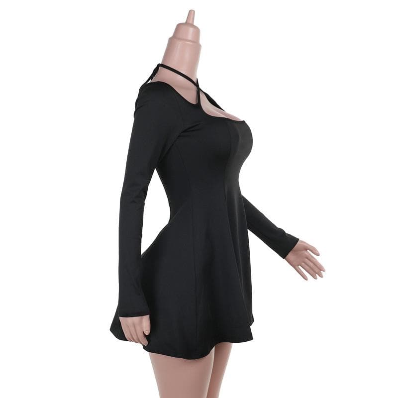 Long sleeve halter cross front solid mini dress
