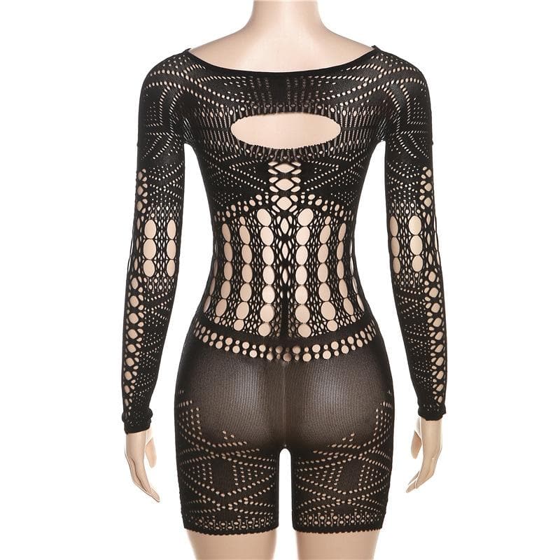 Long sleeve hollow out fishnet solid romper