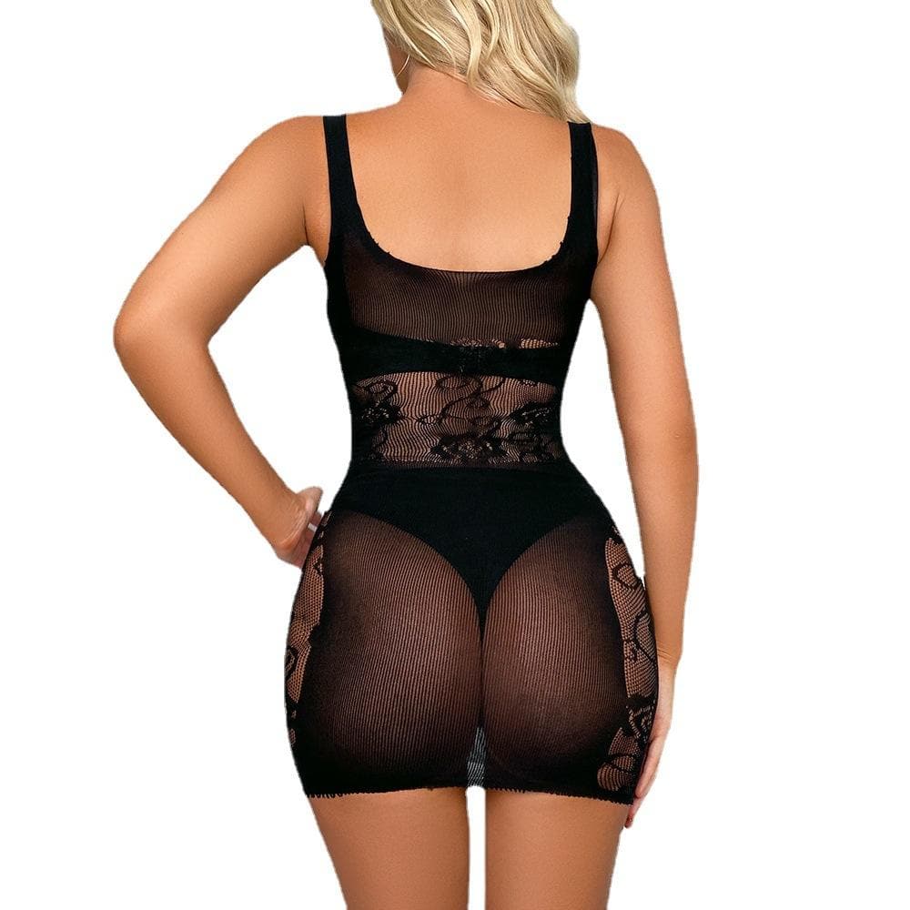 Hollow out rose lace mesh patchwork cami cut out mini dress