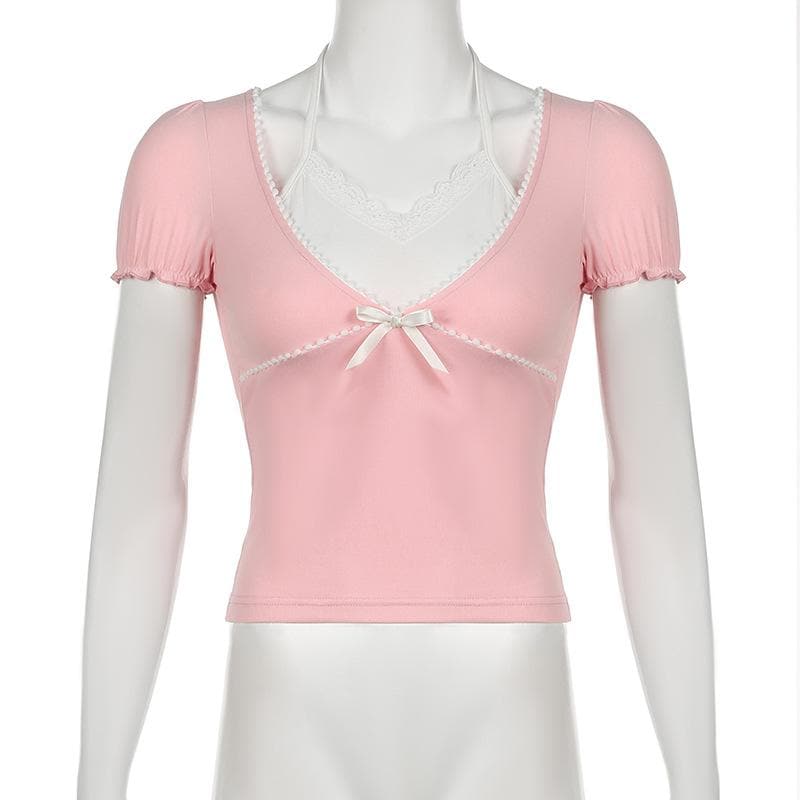 Halter short sleeve bowknot ruffle top