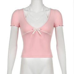 Halter short sleeve bowknot ruffle top