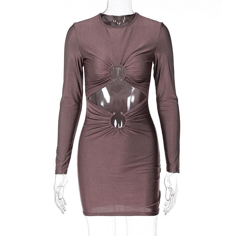 Long sleeve solid ruched o ring hollow out cut out mini dress