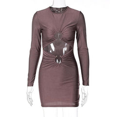 Long sleeve solid ruched o ring hollow out cut out mini dress