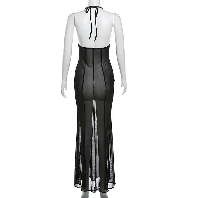 Halter v neck lace hem mesh see through stitch maxi dress- Final Sale