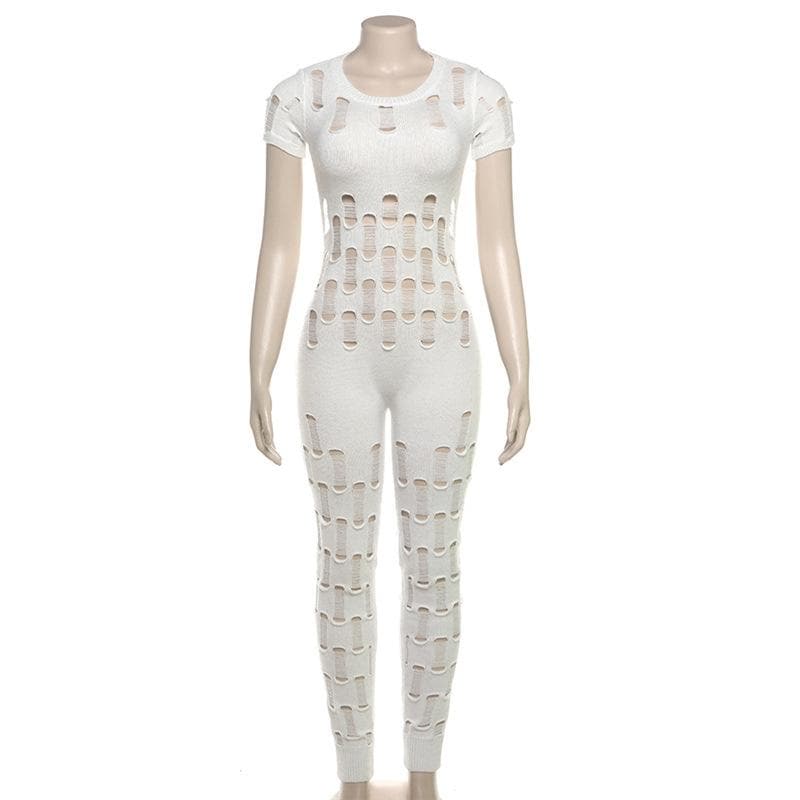 Hollow out short sleeve crewneck knitted backless jumpsuit