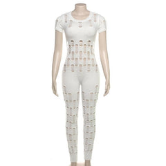 Hollow out short sleeve crewneck knitted backless jumpsuit