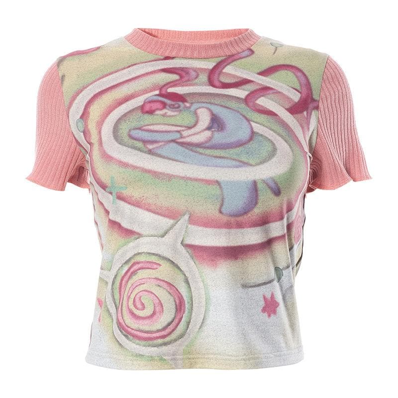 Abstract short sleeve crewneck contrast patchwork top