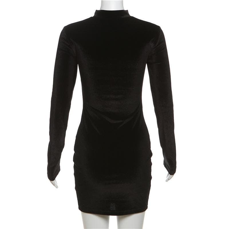Long sleeve high neck velvet patchwork mesh mini dress