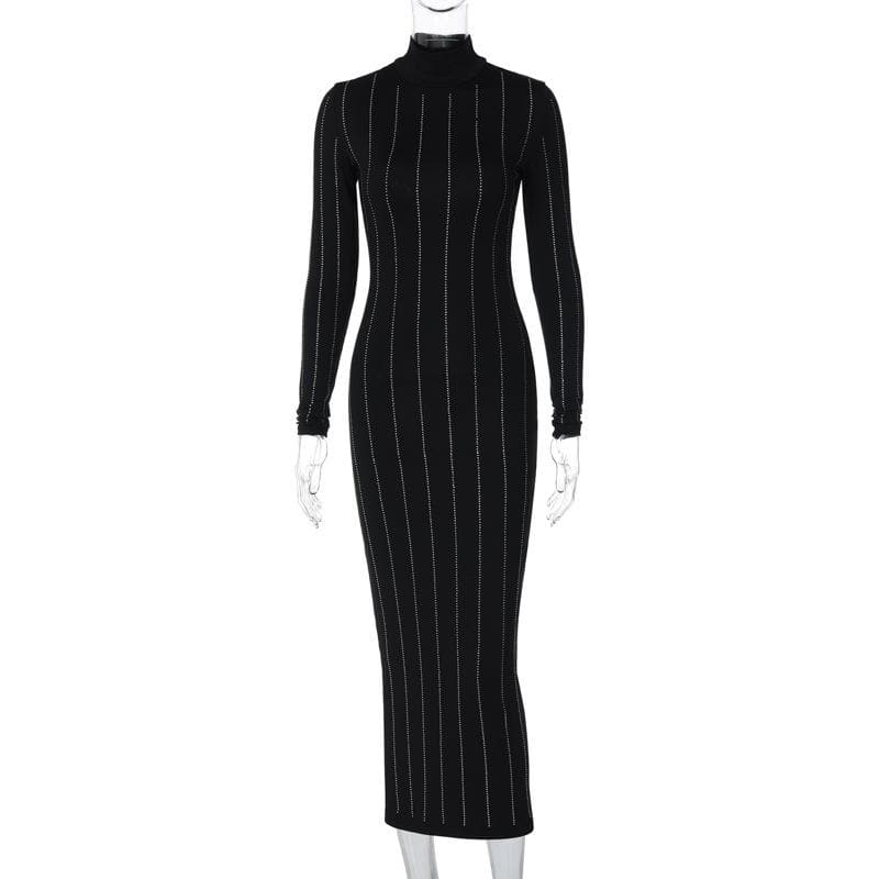 Long sleeve high neck beaded solid midi dress