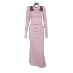 Long sleeve halter faux pearl applique ruched midi dress