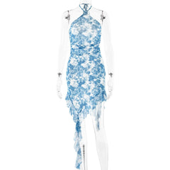 Halter ruffle tie dye irregular backless mini dress