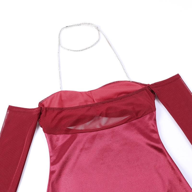 Mesh gloves solid halter ruched hollow out off shoulder cut out mini dress