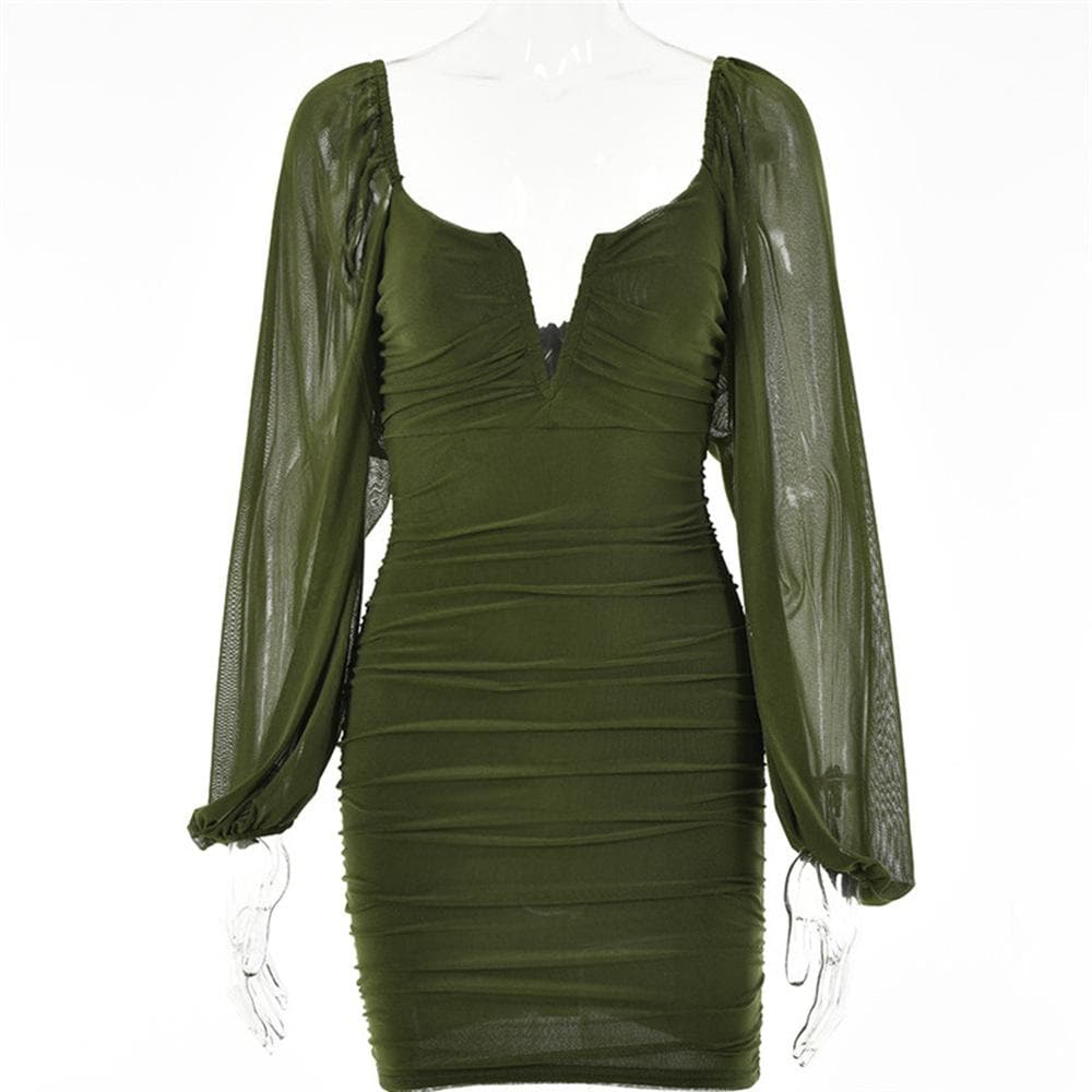 Mesh solid long sleeve ruched notch neck zip-up mini dress