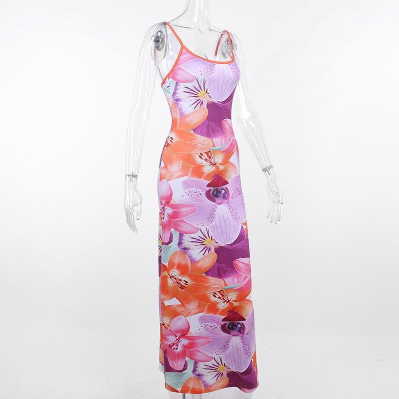 Flower print contrast backless slit square neck cami maxi dress