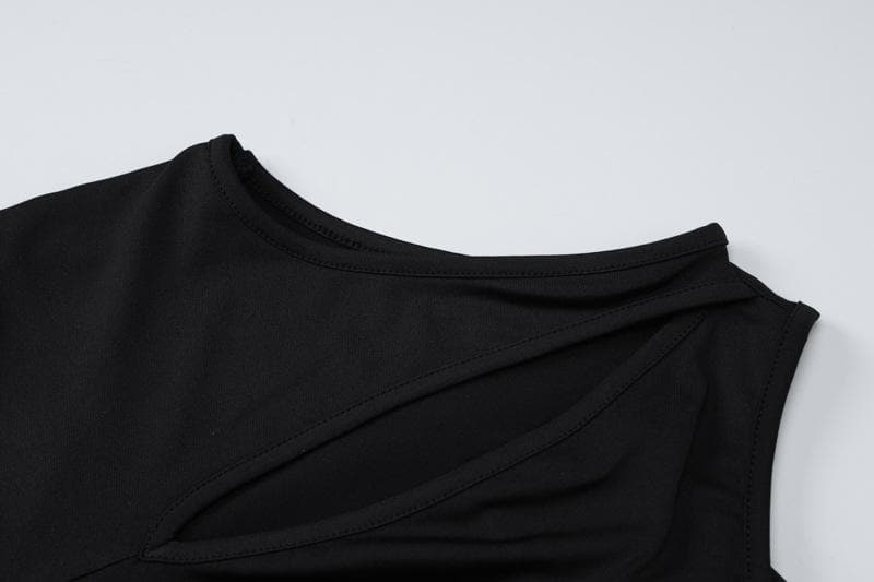 Long sleeve gloves irregular hollow out crewneck cut out maxi dress