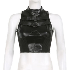 Buckle solid sleeveless patchwork button PU leather crop top