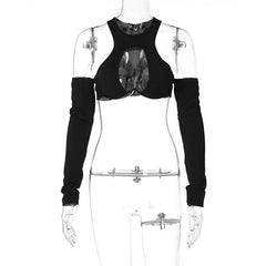 Hollow out solid round neck low cut gloves crop cut out top
