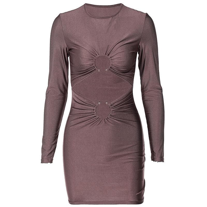 Long sleeve solid ruched o ring hollow out cut out mini dress