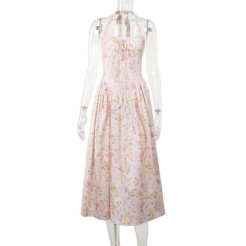 Halter ruched lace hem knotted flower print midi dress