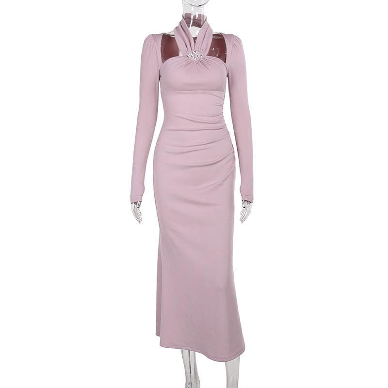 Long sleeve halter faux pearl applique ruched midi dress