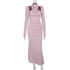 Long sleeve halter faux pearl applique ruched midi dress