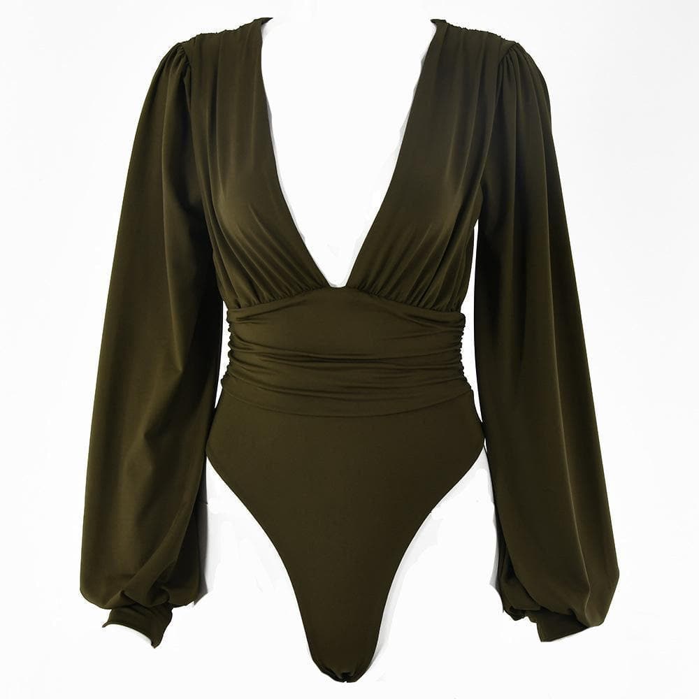 Halibuy Double layered deep v neck ruched solid bodysuit