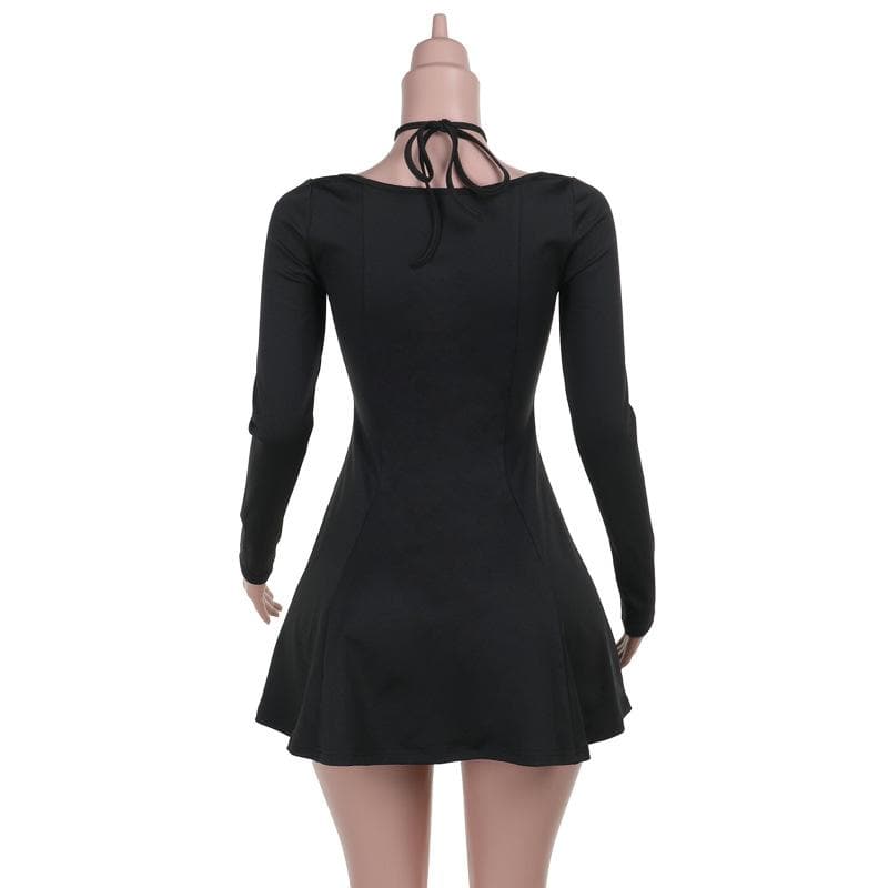 Long sleeve halter cross front solid mini dress