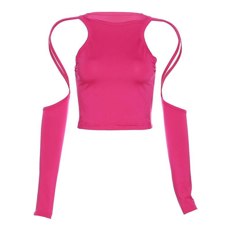 Hollow out solid long sleeve crewneck crop cut out top