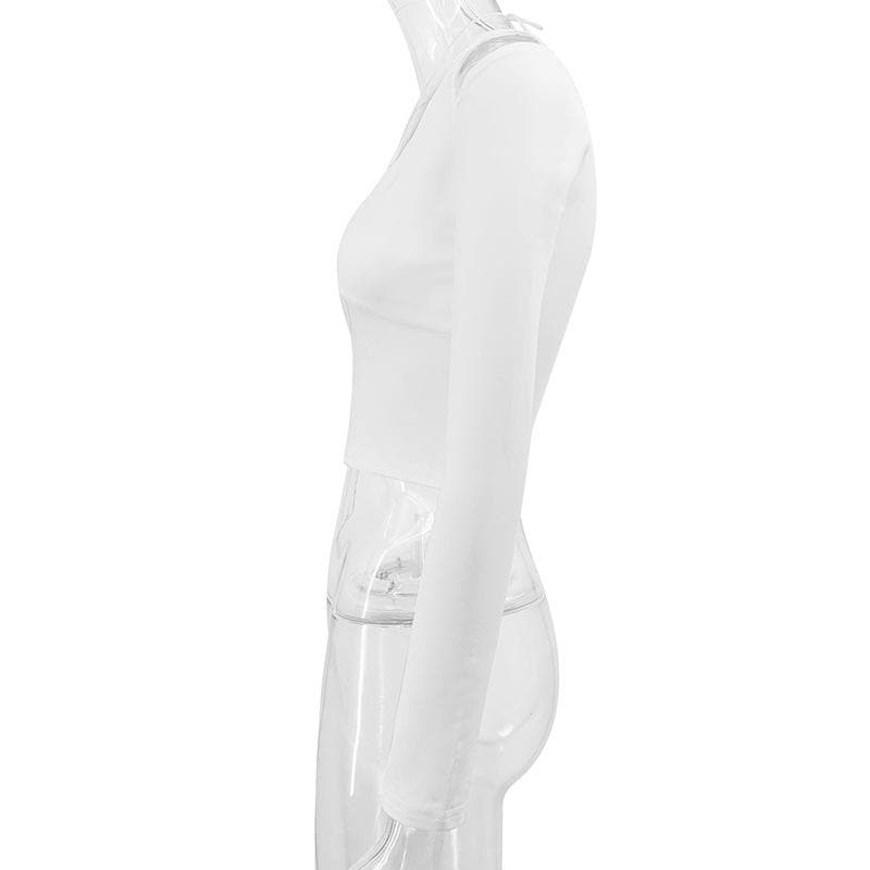 Hollow out solid long sleeve drawstring ruched off shoulder crop cut out top