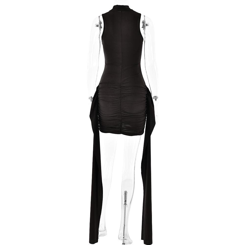 High neck ruffle ruched solid mini dress