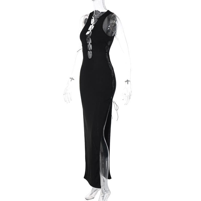Hollow out sleeveless lace up slit solid cut out maxi dress