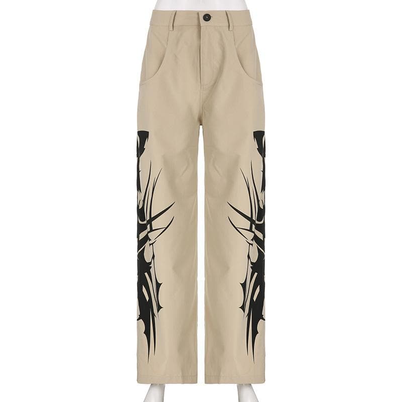 Abstract high rise button pocket contrast straight leg pant