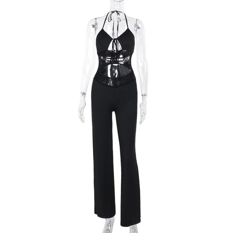 Halter v neck hollow out lace patchwork jumpsuit