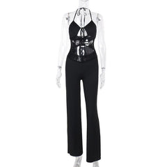 Halter v neck hollow out lace patchwork jumpsuit