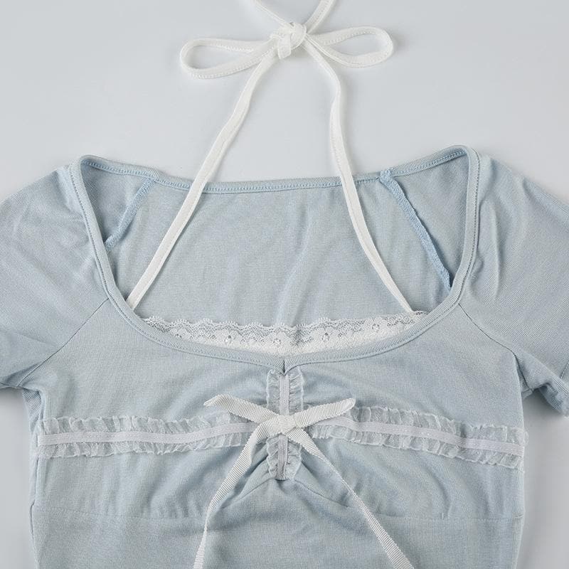 Halter short sleeve bowknot lace hem top