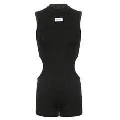 Hollow out sleeveless high neck solid zip-up romper