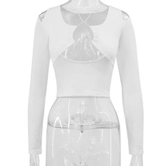 Hollow out solid long sleeve drawstring ruched off shoulder crop cut out top