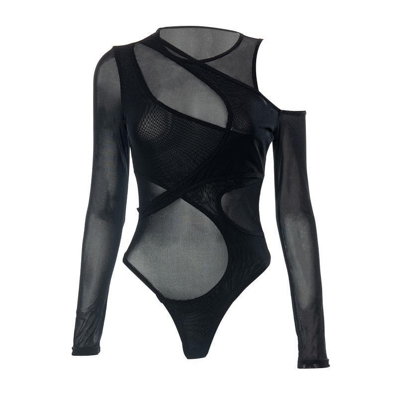 Long sleeve off shoulder irregular sheer mesh bodysuit