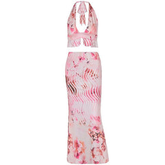 Halter print deep v neck ruffle midi skirt set