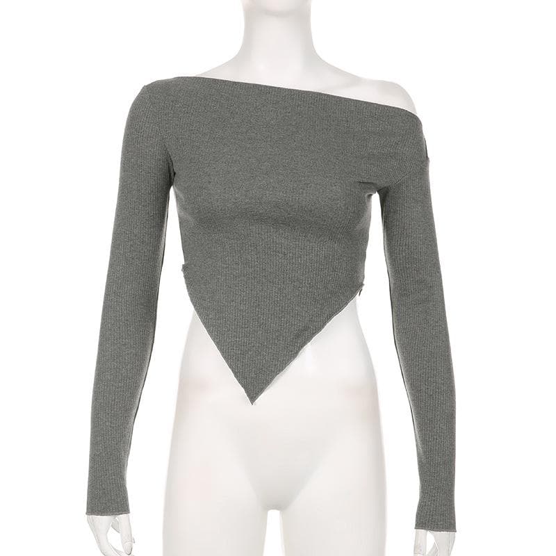 Long sleeve irregular slit off shoulder solid top