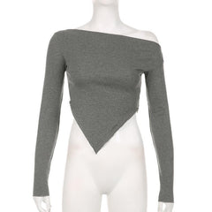 Long sleeve irregular slit off shoulder solid top
