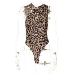 Leopard print sleeveless irregular ruched mesh bodysuit