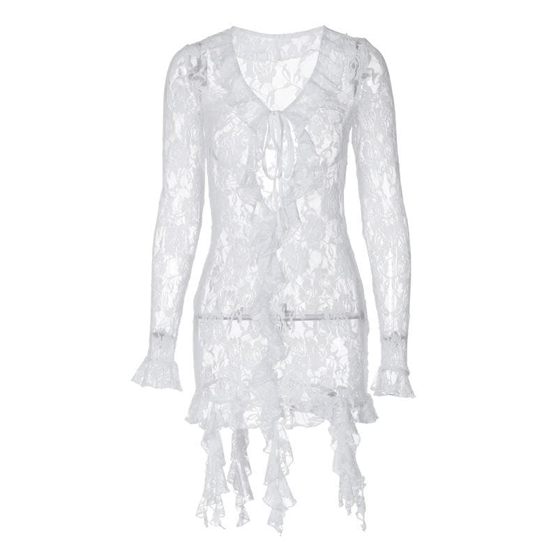 Long flared sleeve ruffle lace see through mini dress