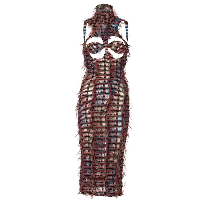 High neck hollow out mesh backless cut out midi dress